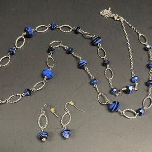 Vintage Necklace Blue and Black Beads on Silver Tone Chain Matching Earrings